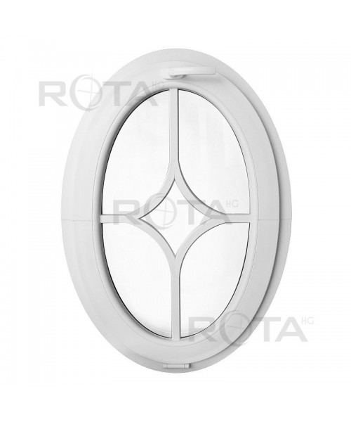 Fenêtre ovale à soufflet PVC blanc croisillons rapportés motif losange