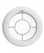 Fenêtre ronde à soufflet PVC blanc croisillons incorporés motif cible
