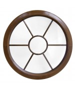 Fenêtre ronde fixe PVC en couleur bois avec les croisillons motif soleil