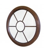 Fenêtre ronde fixe PVC en couleur bois avec les croisillons motif soleil