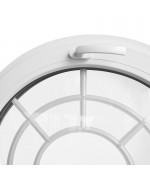 Fenêtre ronde à soufflet PVC blanc croisillons incorporés motif toile